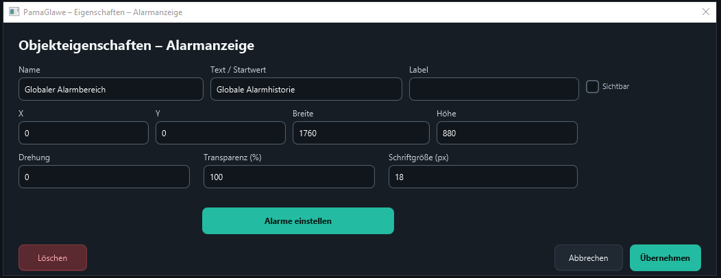 The global alarm display is a fixed part of the project. Open its message configuration through Alarme einstellen.