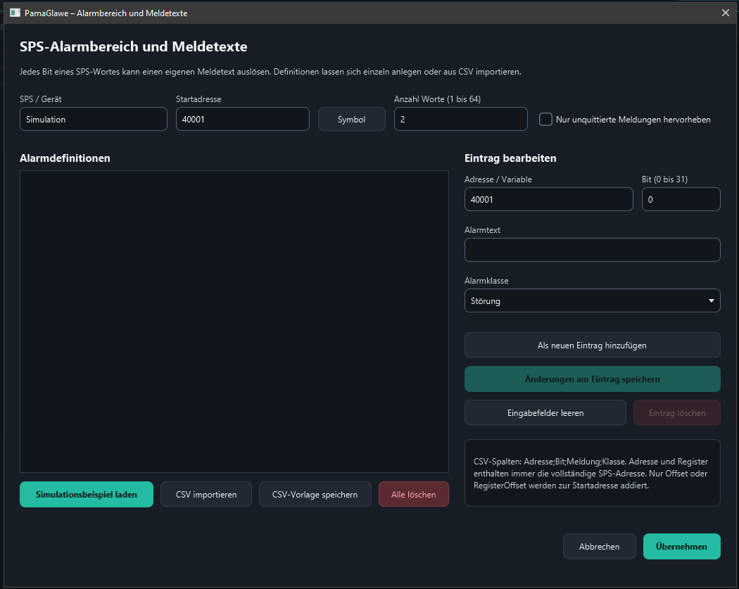 The empty initial configuration. The turquoise button fills the complete message range for the local test.