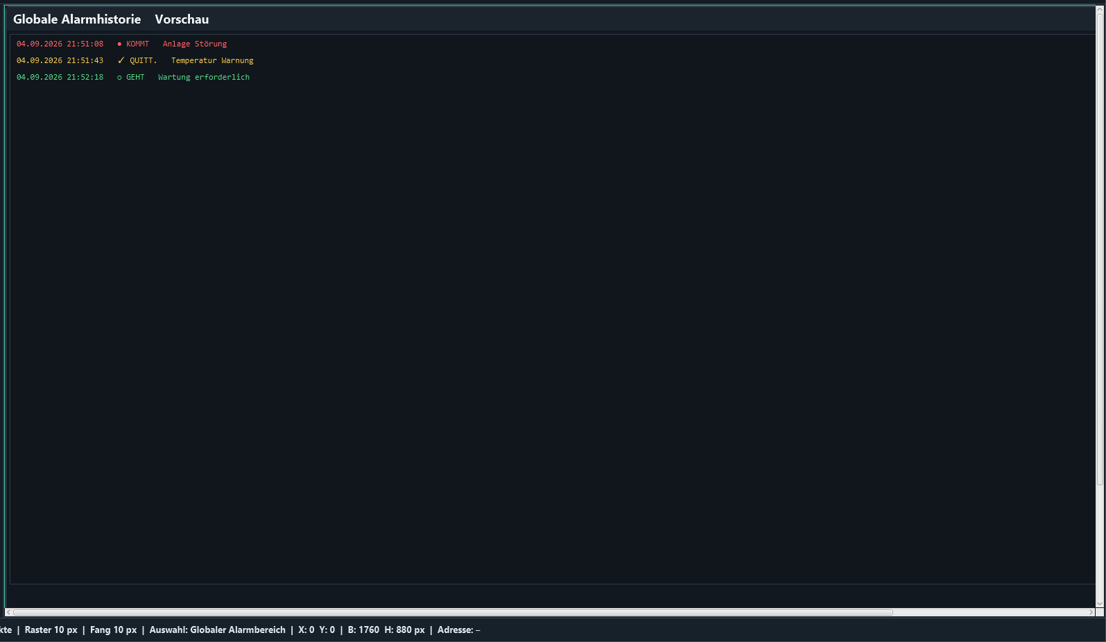 Design mode shows representative KOMMT, QUITT. and GEHT events. This is a layout preview, not a live plant state.