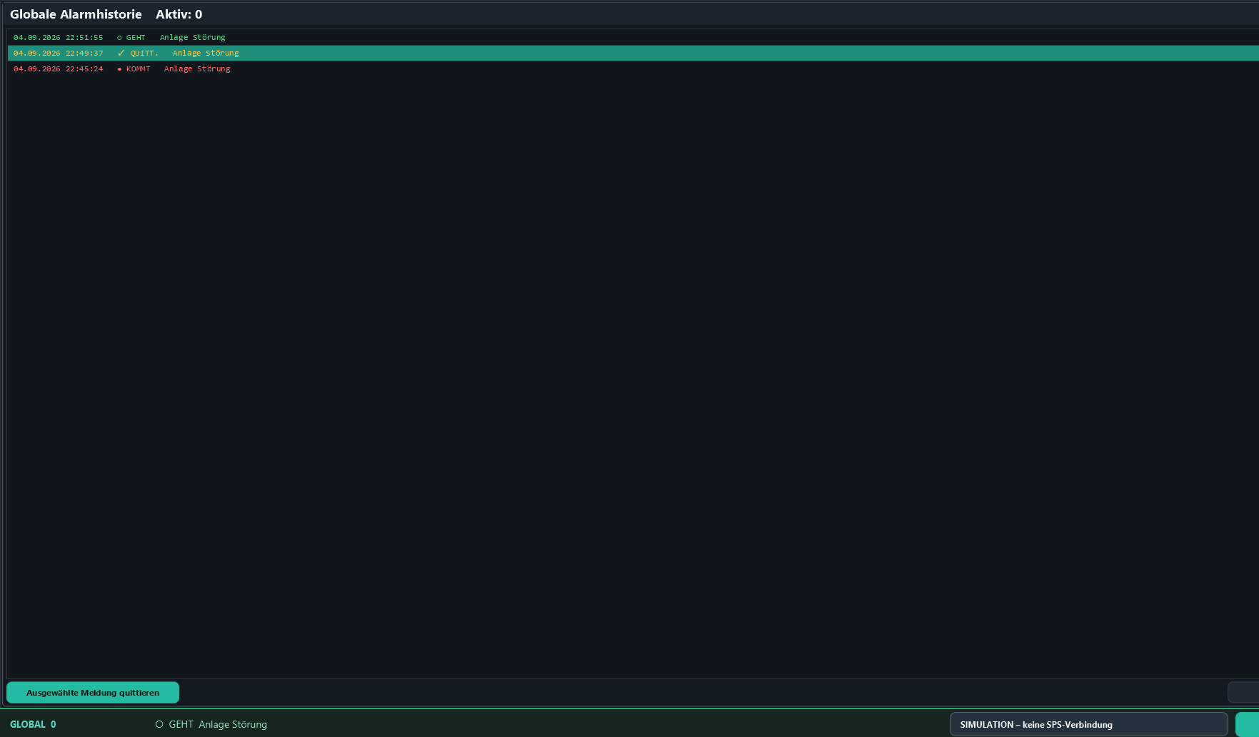 After switching off, the heading shows Aktiv: 0. KOMMT, QUITT. and GEHT remain in the event history.