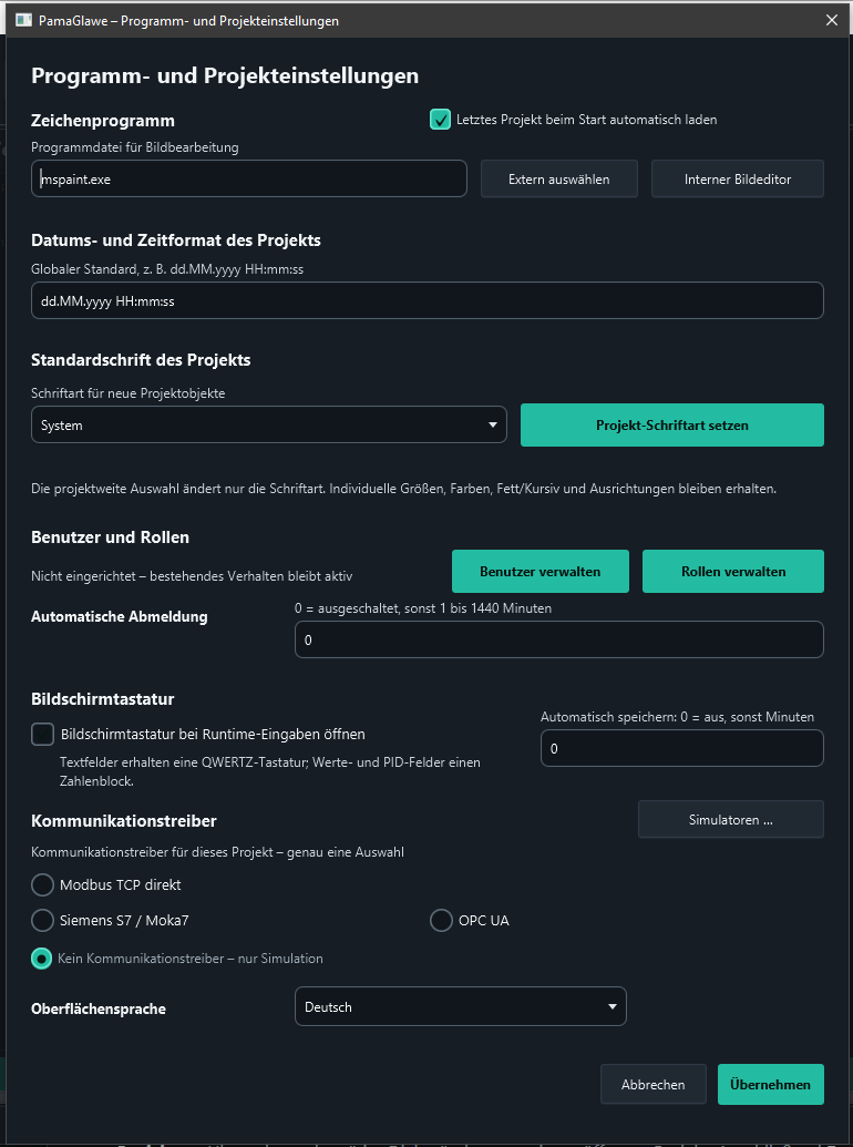 Application and project settings, with driver selection near the bottom. The screenshot still has “No communication driver – simulation only” selected.