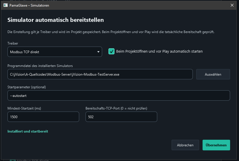 Example configuration for the local Modbus test server: automatic startup enabled, --autostart argument, minimum startup time 1500 ms and readiness TCP port 502. The executable must point to the simulator actually installed.