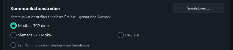 Select the driver matching your target device. Modbus TCP direct is shown as an example; configuration for Siemens S7 / Moka7 and OPC UA starts in the same place.