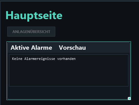 The alarm object on the main page initially previews Keine Alarmereignisse vorhanden (no alarm events).
