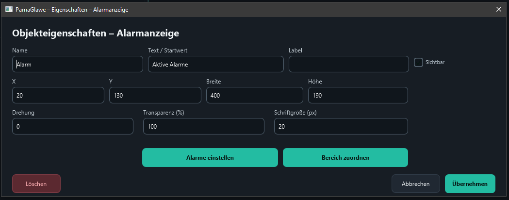 Example: name Alarm, heading Aktive Alarme, position 20/130 and size 400 × 190 pixels.
