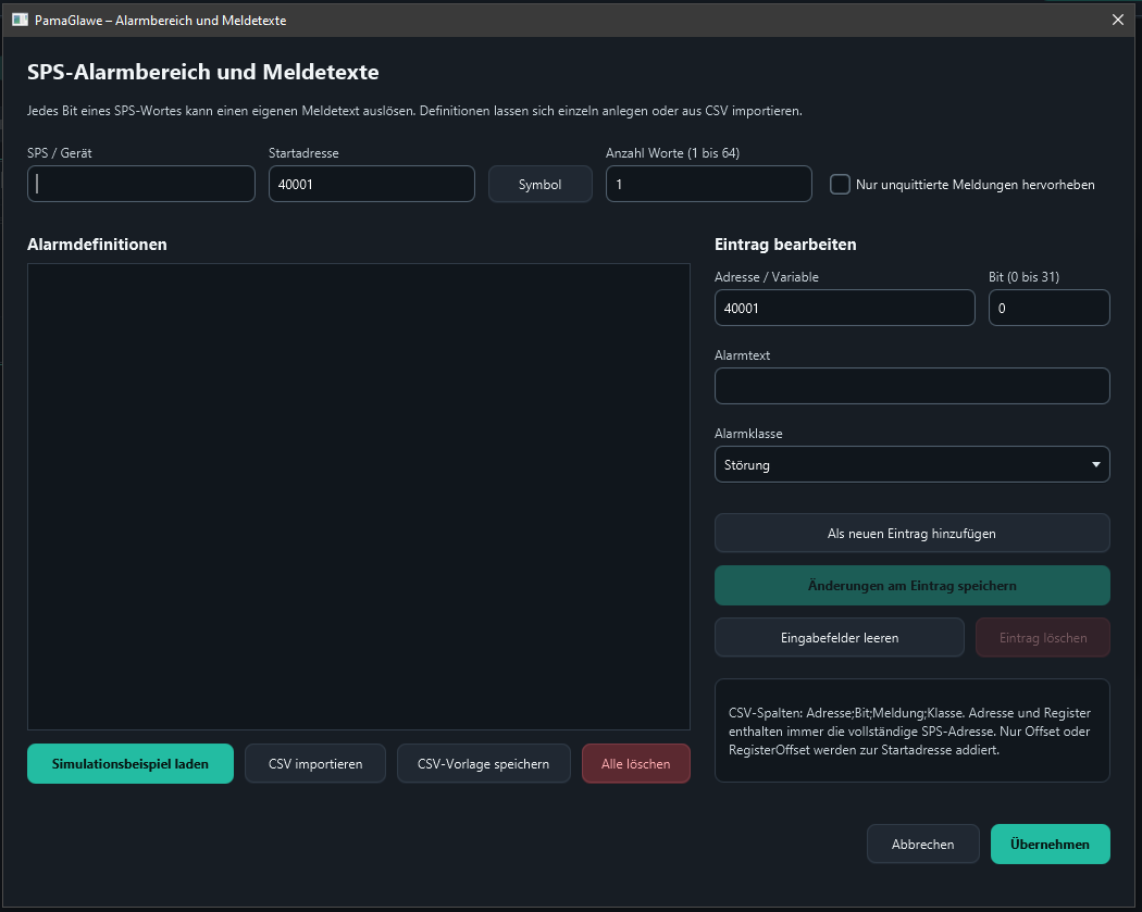 Initial configuration: start address 40001, one word and no message definitions.