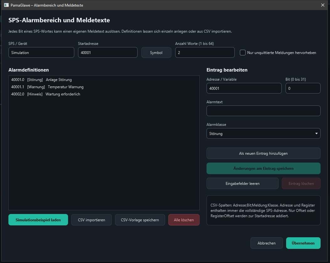 The simulation example uses two words starting at 40001 and defines fault, warning and information messages.