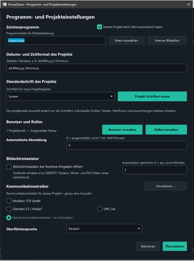 After initial setup: one project account and Rainer signed in.