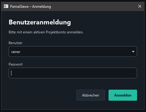 Login dialog with account selection and an empty password field.
