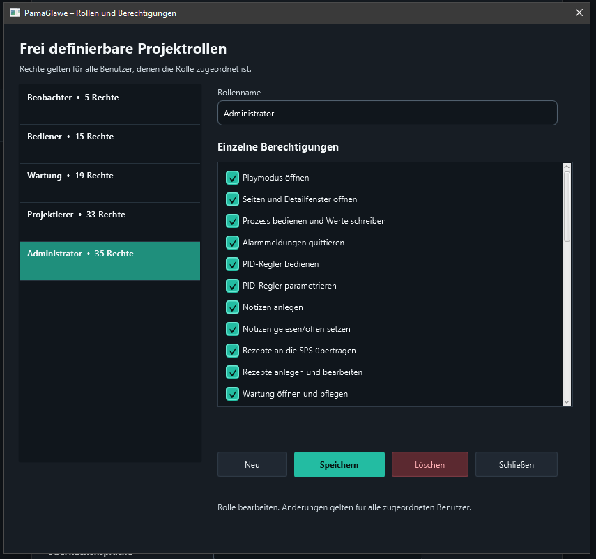 Administrator permissions: process operation, notes and recipes.