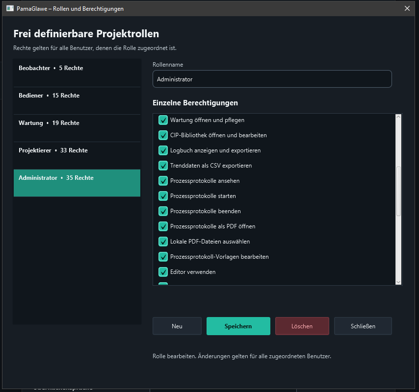 Administrator permissions: reports, PDF and editor.