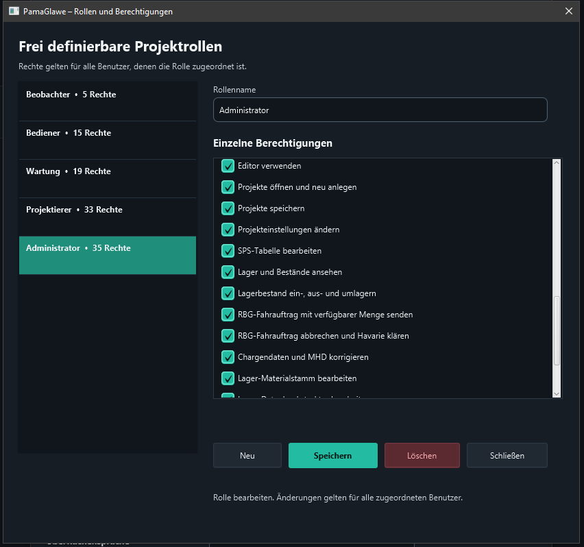 Administrator permissions: projects and warehouse.