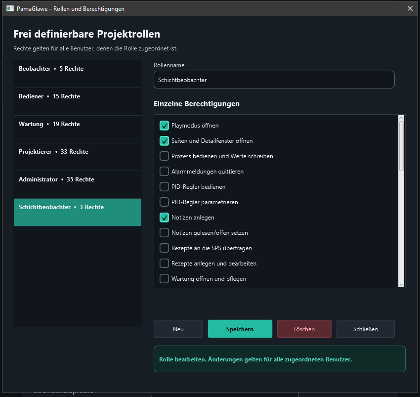 New Schichtbeobachter role with exactly three permissions.