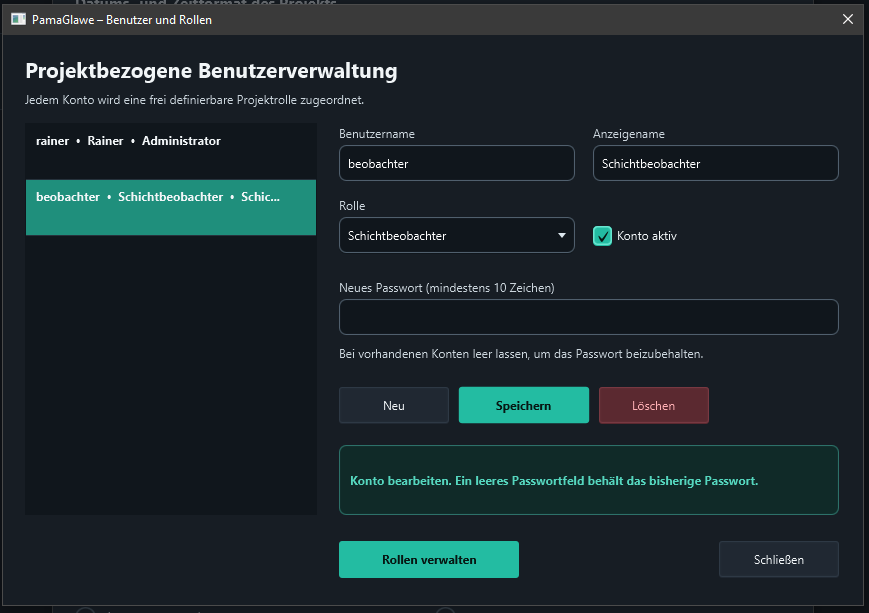 Saved beobachter account assigned to Schichtbeobachter.
