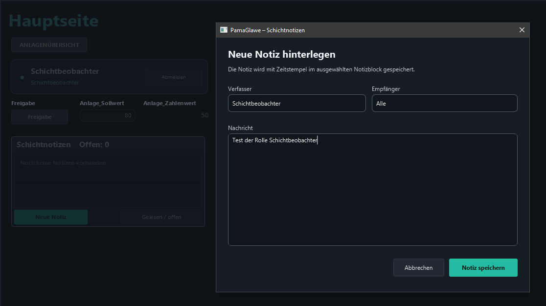 Schichtbeobachter can create a note; its author is prefilled.