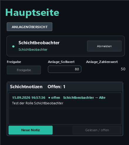 Saved note: New note is enabled, Read / open and enable control are disabled.