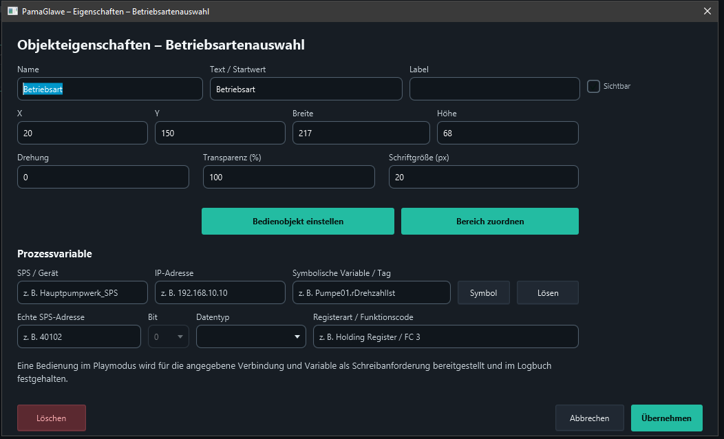 No process variable is assigned yet. Configure the visible choices through Bedienobjekt einstellen.