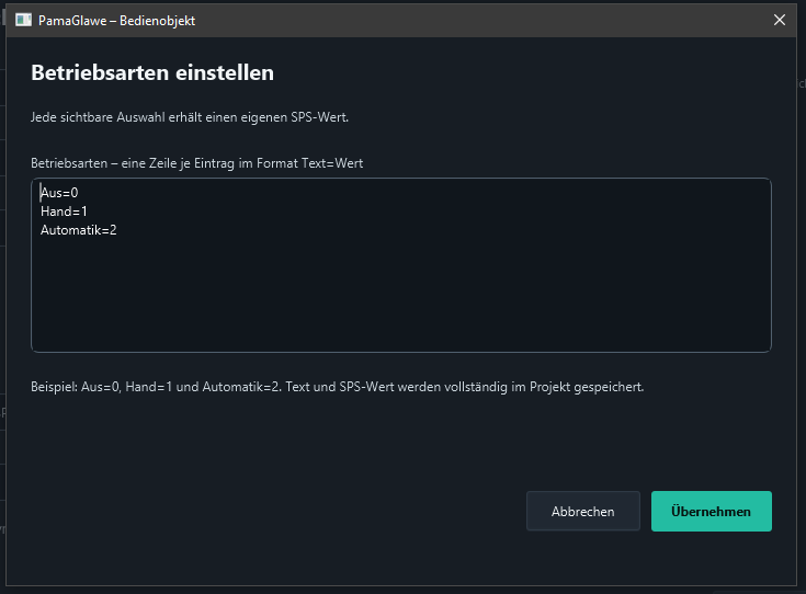 Default mapping: Aus = 0, Hand = 1 and Automatik = 2. Apply the list.