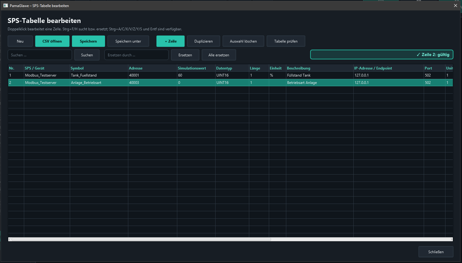 Validation reports row 2 as valid. Simulation value 0 avoids an initially unmapped value.