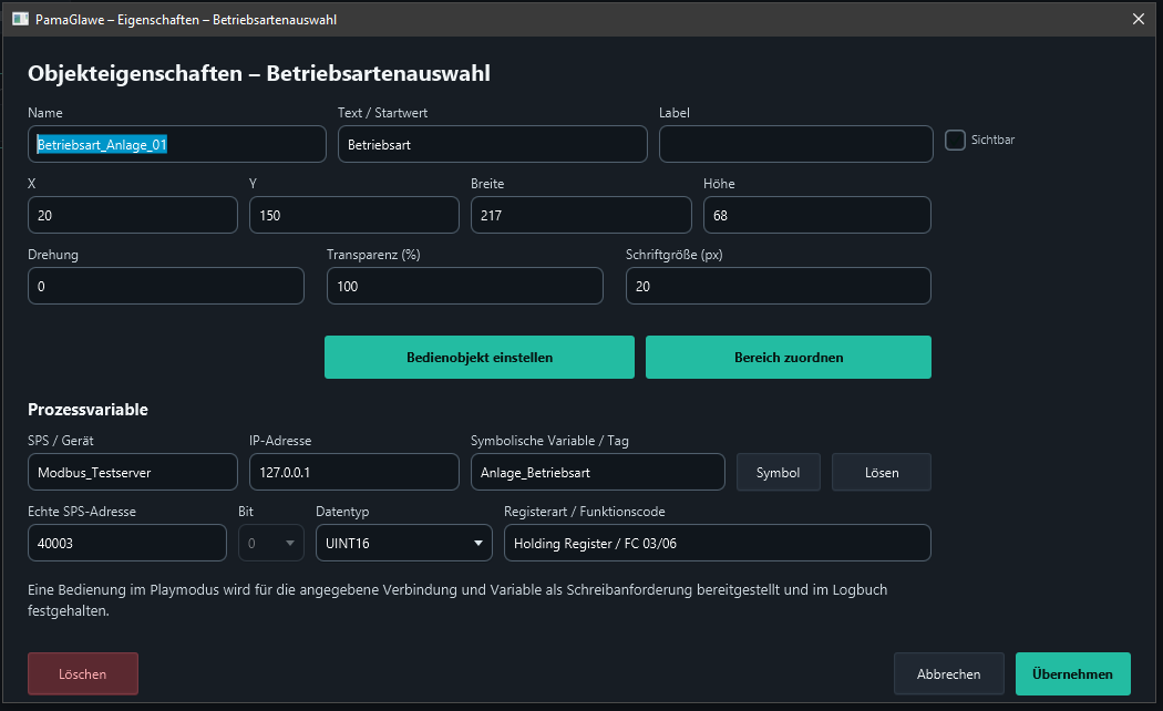 Betriebsart_Anlage_01 and its complete symbol assignment are prepared. Apply the properties and save.