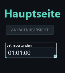 The placed object shows caption Betriebsstunden and duration 01:01:00.