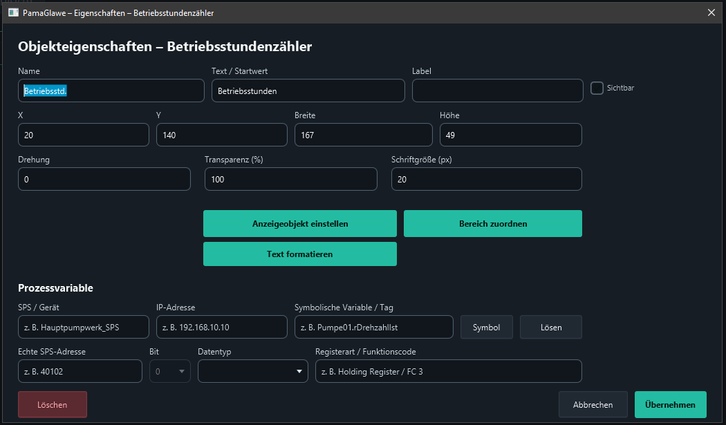 Configure unit and presentation through Anzeigeobjekt einstellen. No process variable is assigned yet.