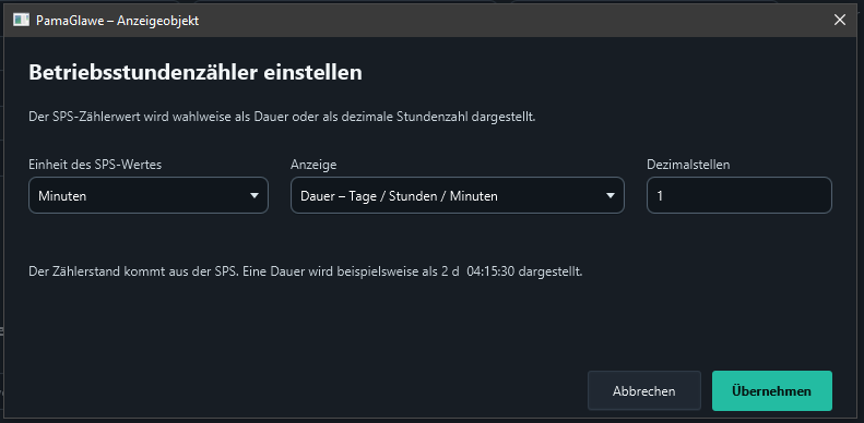 Input unit Minutes, duration output and one decimal place for the alternative decimal output.