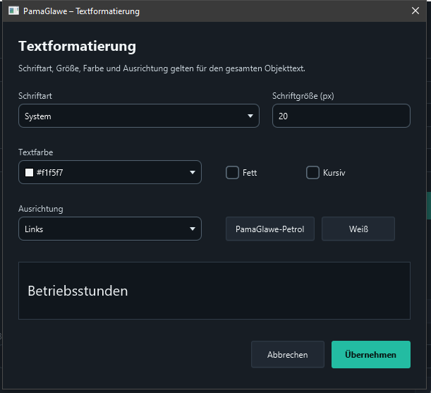 Configure font, size, color and alignment.