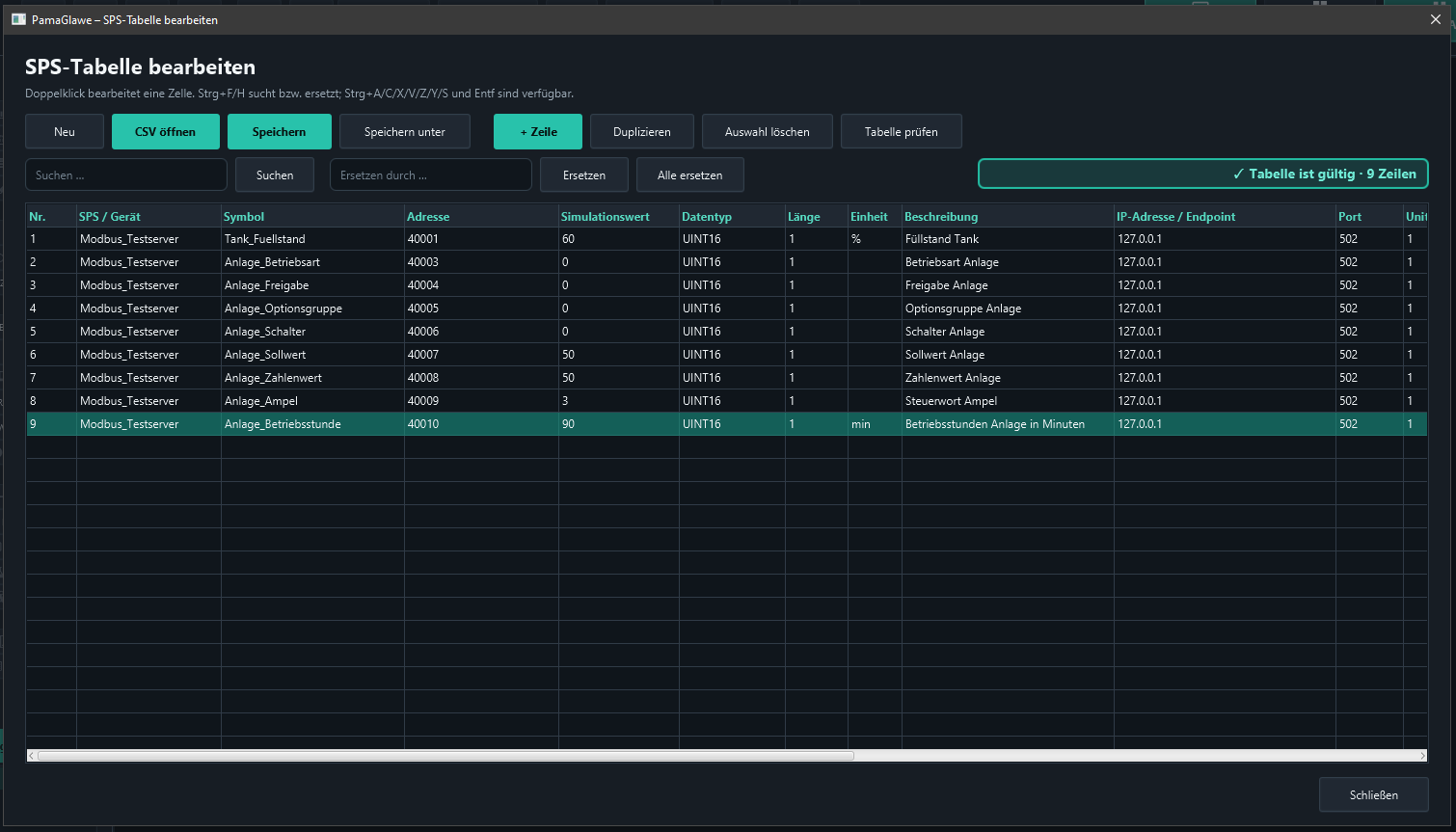 Nine valid rows: Anlage_Betriebsstunde uses address 40010, UINT16 and unit min.
