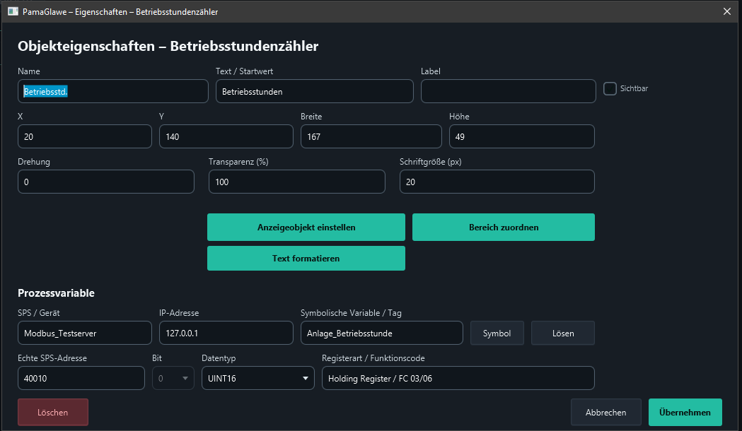 Properties now contain Modbus_Testserver, Anlage_Betriebsstunde and address 40010.