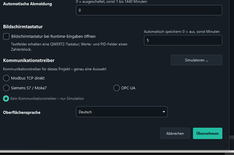 No communication driver – simulation only is selected for this test.