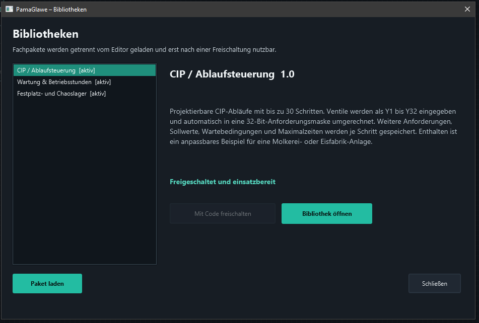 Libraries with three active specialist packages; CIP / Ablaufsteuerung 1.0 is selected.