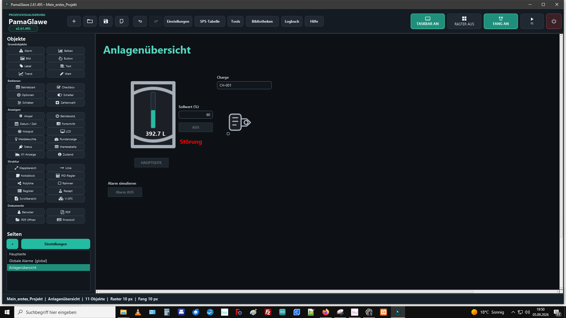 The current overview shows the tank, controls, alarm display and added dosing pump.