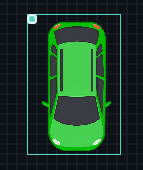 The green car selected as an image object in the editor.