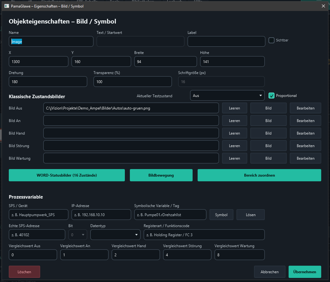 In the image properties, the “Bildbewegung” (Image movement) button opens the position-variable settings.