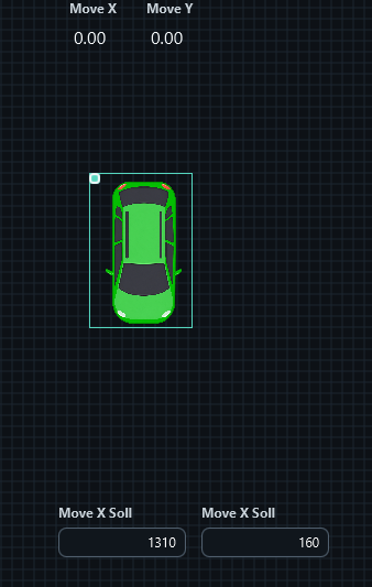Starting position in edit mode: the selection border and resize handle are visible. Move X and Move Y both display 0.00. The saved editor position remains the reference point for movement in play mode.