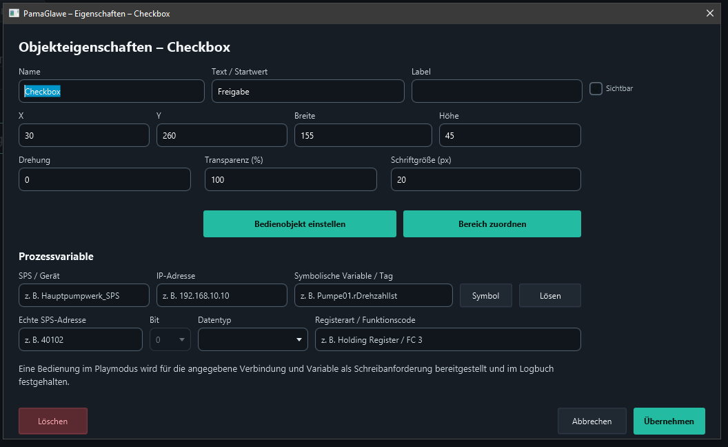 No process variable is assigned yet. Edit both states through Bedienobjekt einstellen.