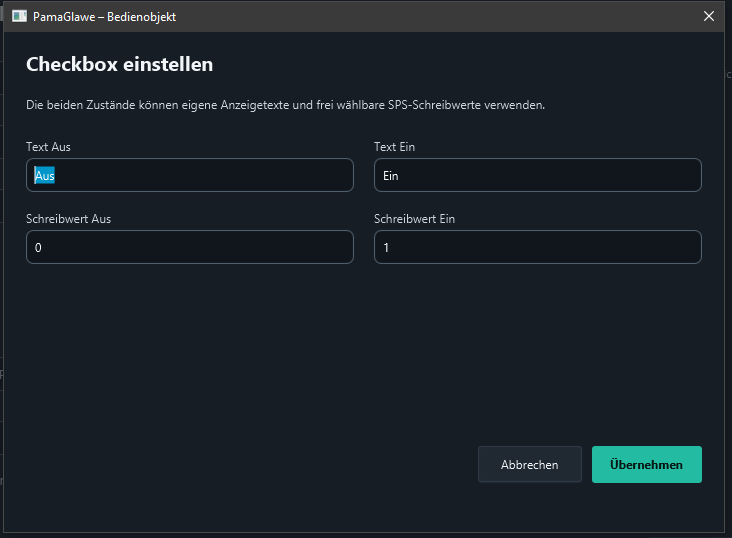 Default mapping: off uses 0 and on uses 1. Apply the settings.