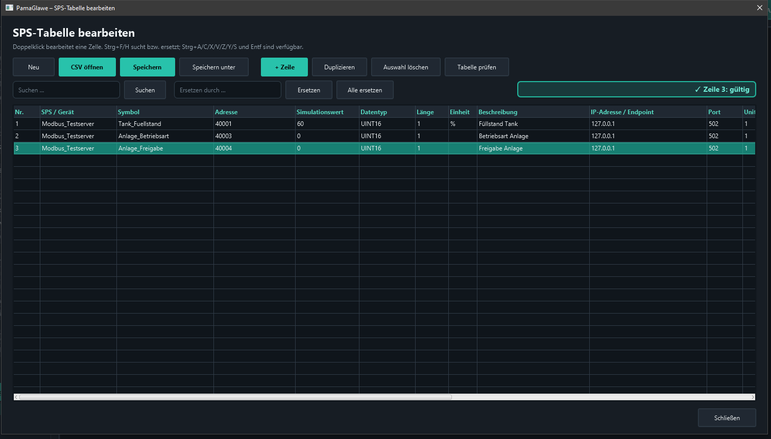 Validation reports row 3 as valid. Save the table and close the editor.