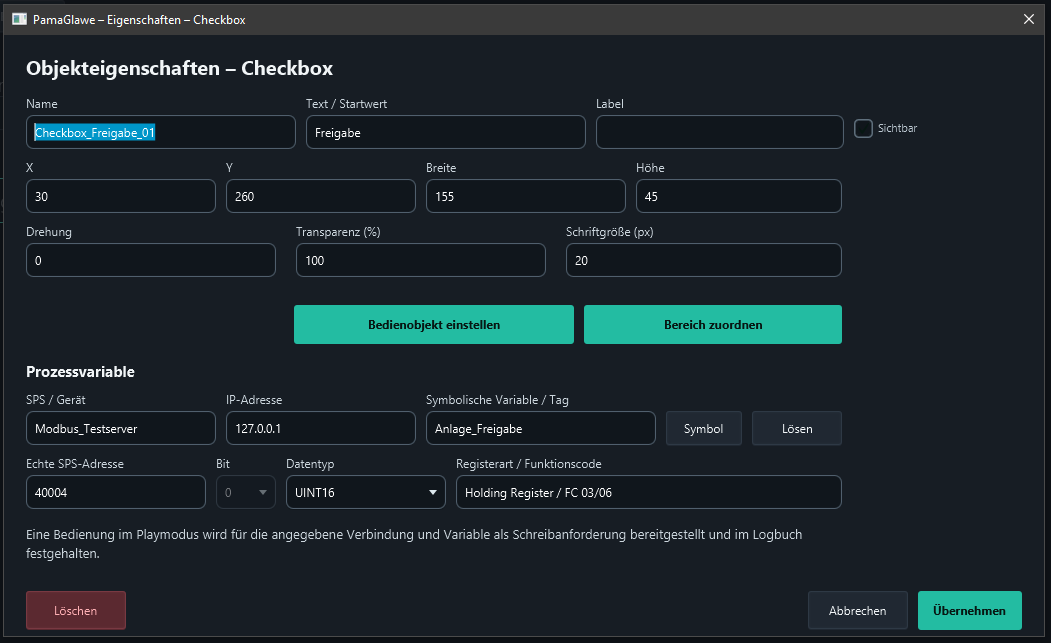 Checkbox_Freigabe_01 and its complete symbol assignment are prepared. Apply the properties and save.