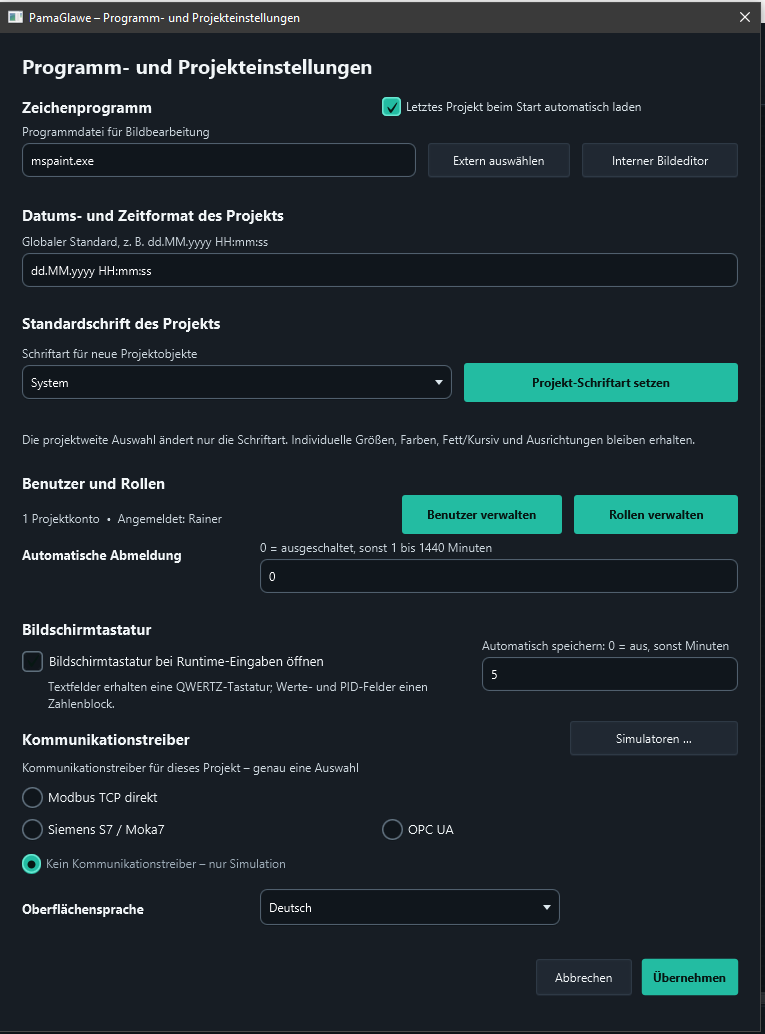 Program and project settings: image editor, font, user management, keyboard, communication and language.