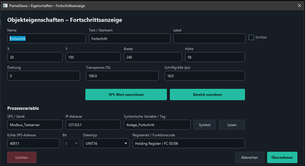 Properties contain Modbus_Testserver, Anlage_Fortschritt and address 40011.