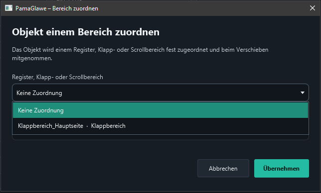 In Assign area, choose Klappbereich_Hauptseite · Klappbereich.