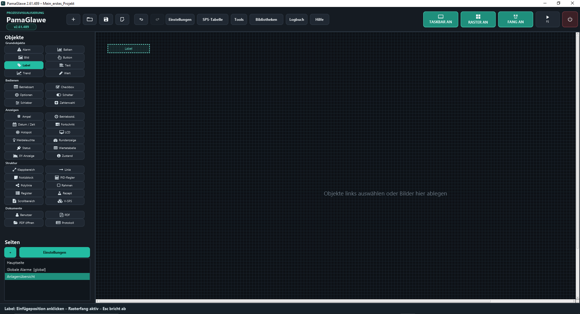 This guide uses the left object palette. The bottom status bar identifies the active insertion action.