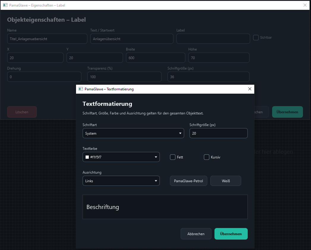 The formatting dialog is in front of the general properties. This image still shows the previous formatting.