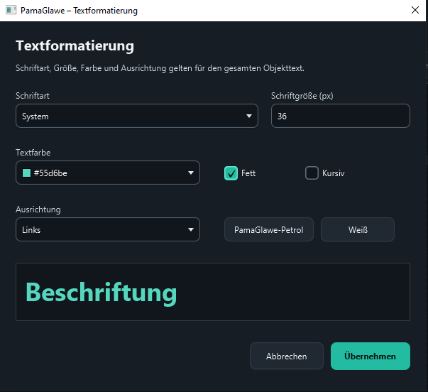 The preview shows font size, color and alignment. The final wording comes from Text / initial value in the general properties.
