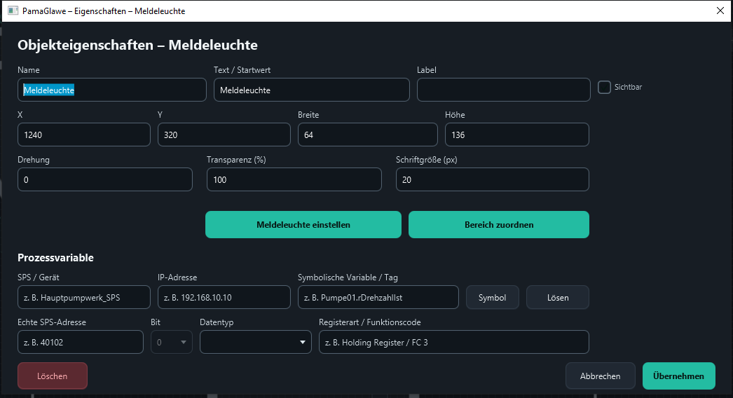 General properties, process variable and access to the configuration dialogs.