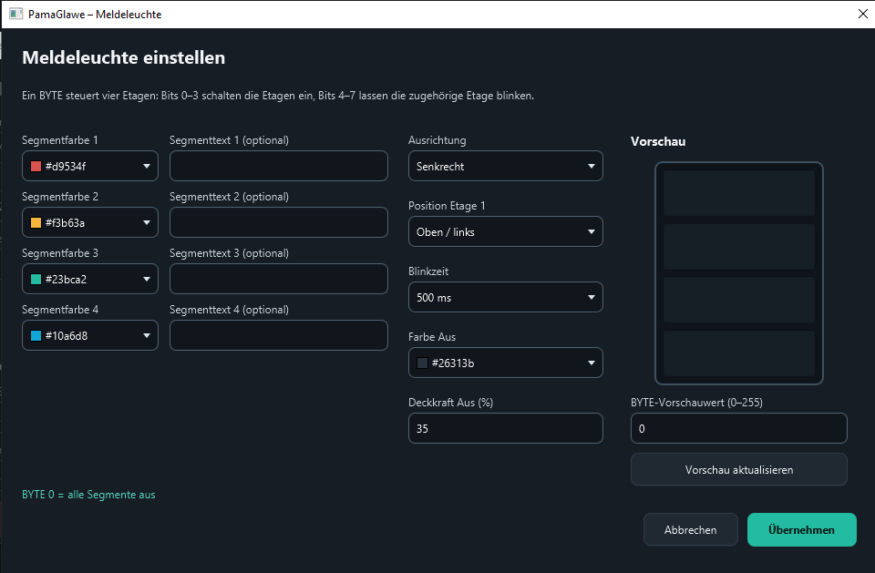 Colors, optional text, layout, blink interval, off appearance and byte preview.