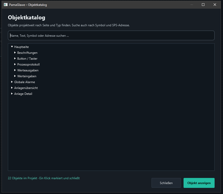 Object catalogue with pages and object categories; the main page is expanded.
