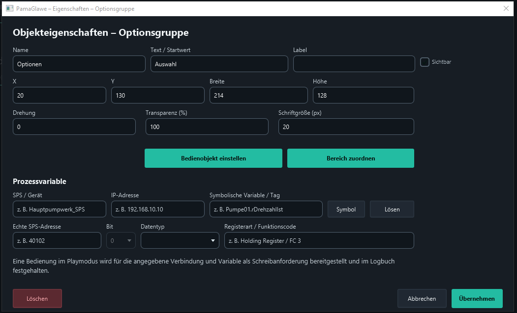 No process variable is assigned yet. Edit the options through Bedienobjekt einstellen.